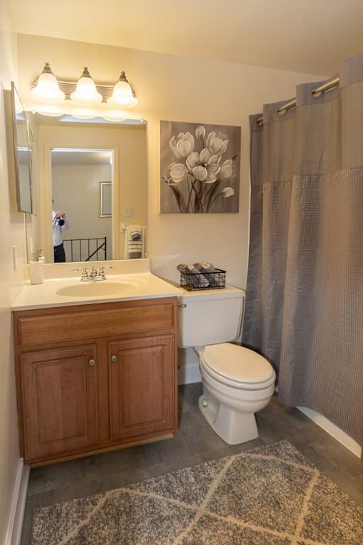 A bathroom with a toilet, sink, and shower.