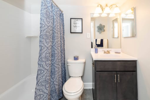 Bathroom with a white sink and toilet next to a shower at Fairbrook Park, Maryland