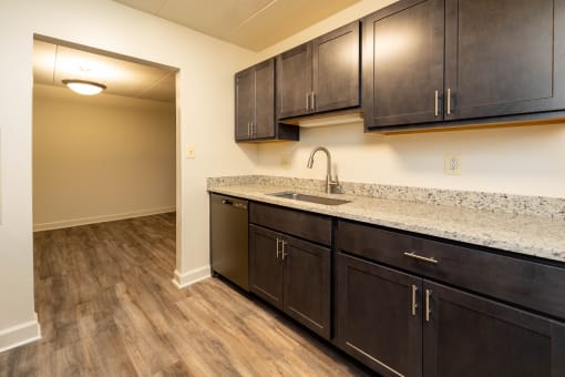 Kitchen with dark cabinets and granite countertops at Ivy Hall Apartments*, Maryland