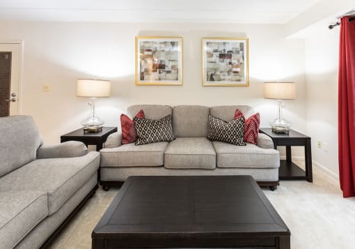 Spacious living room with patio at Ivy Hall Apartments*, Towson