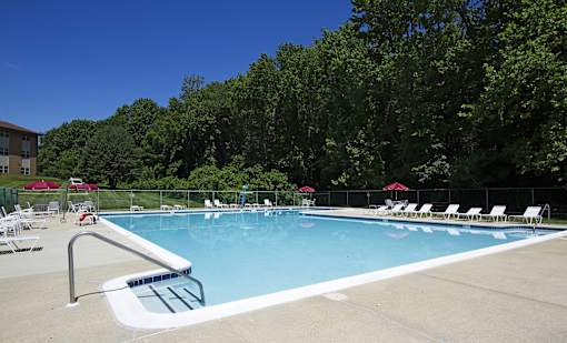 A large swimming pool surrounded by trees and chairs at Woodsdale Apartments, Maryland