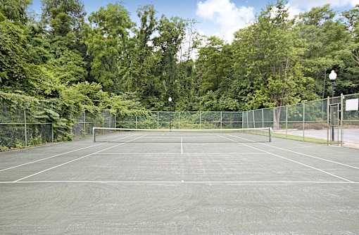 A tennis court surrounded by a fence and trees at Painters Mill Apartments, Owings Mills, 21117
