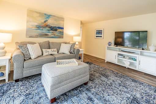 A living room with a grey couch, a grey ottoman, a television, and a painting on the wall at Windsor House Apartments*, Baltimore