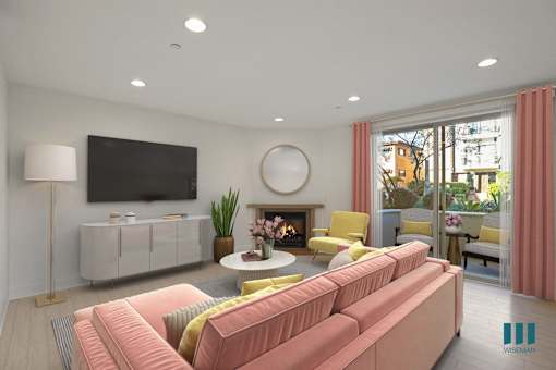 Living Room with Vinyl Flooring, Recessed Lighting, and Patio