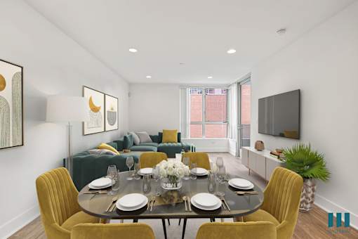 Open-Concept Dining and Living Room with Large-Size Windows, Vinyl Flooring, and Recessed Lighting