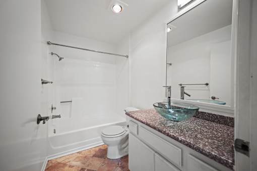 a bathroom with a sink and a shower and a toilet