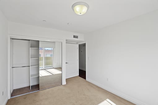 Bedroom with Mirrored Closet with Shelving