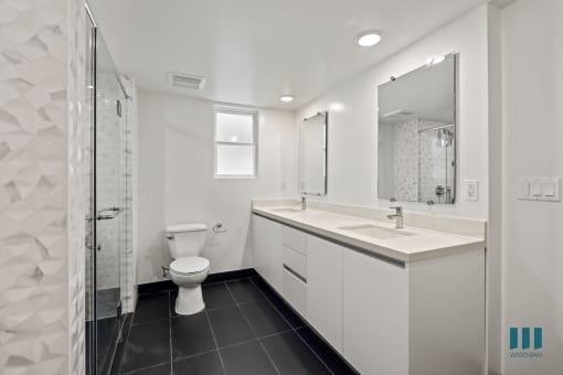 Large-Size Bathroom with Bathtub, Walk-In Shower, and Double-Sink Vanity with Cabinet Storage
