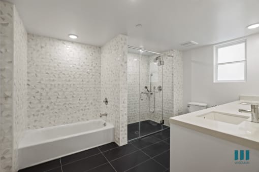 Large-Size Bathroom with Bathtub, Walk-In Shower, and Double-Sink Vanity with Cabinet Storage