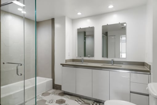 Bathroom with Double-Sink Vanity, Bathtub, and Large Walk-In Shower