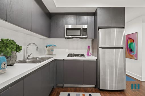 Kitchen with Double-Sink, Refrigerator, Stovetop, and Microwave Oven