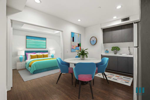 Kitchen/Dining Area with Bedroom with Double-Doors