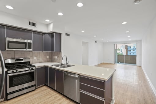 Open-Concept Kitchen, Dining, and Living Room Spaces with Patio