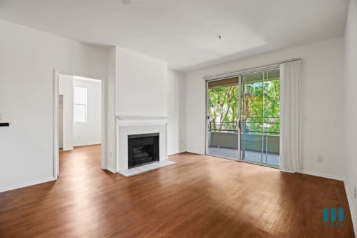 Living Room with Vinyl Flooring, Electric Fireplace, and Patio