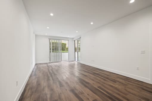 Living Room with Recessed Lighting, Vinyl Flooring, and Patio with Custom Shades