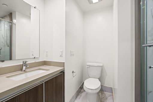 Bathroom with Walk-In Shower with Glass Door and Vanity Cabinet Storage