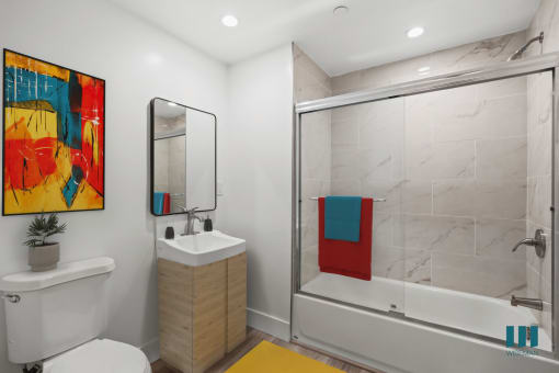 Bathroom with Shower Bath and Vanity Cabinet Storage