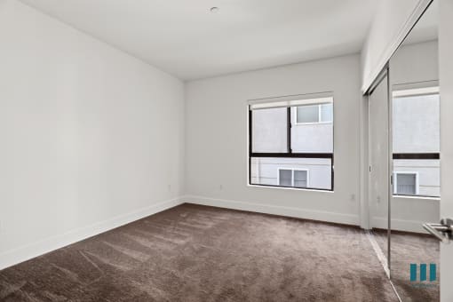 Bedroom  with Large-Size Mirrored Closet and Windows