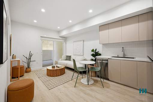 Open-Concept Floor Plan with a Patio, Recessed Lighting, and Vinyl Flooring