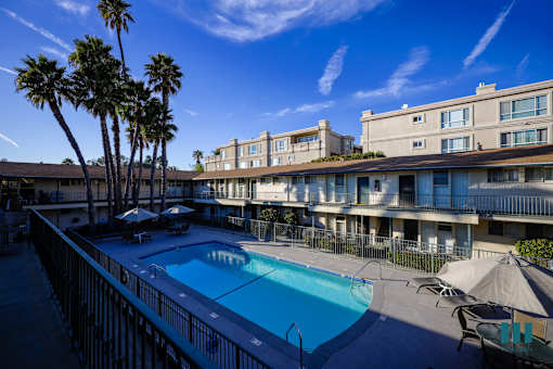 A pool surrounded by a fence and palm trees.