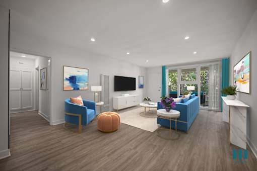 A modern living room with a blue sofa and a television.
