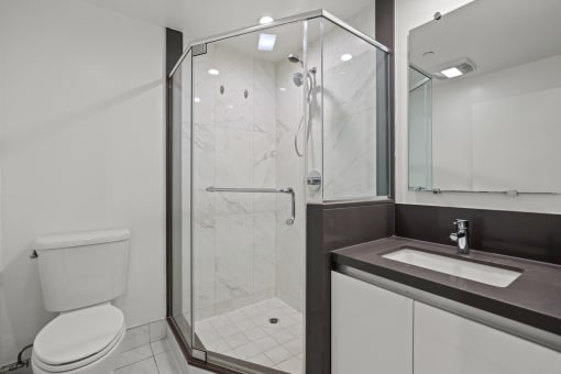 Bathroom with Walk-In Shower & Glass Door, and Vanity Cabinet Storage