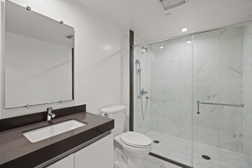 Bathroom with Walk-In Shower & Glass Door, and Vanity Cabinet Storage