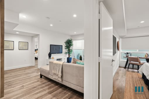 Living Room with Vinyl Flooring and Recessed Lighting