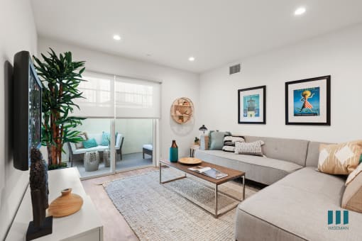Living Room with Vinyl Flooring, Recessed Lighting, and Patio