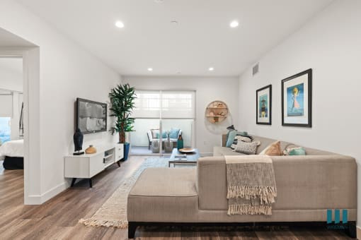 Living Room with Recessed Lighting, Vinyl Flooring, and Patio