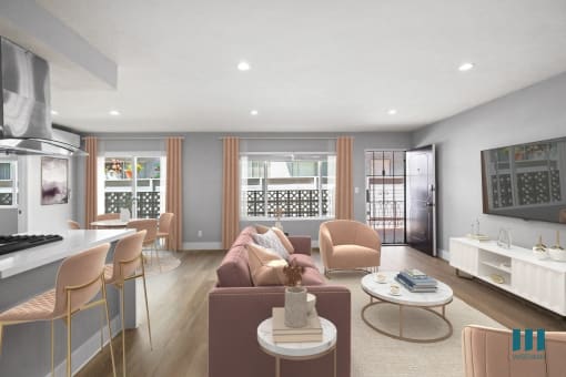 Open-Concept Kitchen, Dining, and Living Room with Large-Size Windows