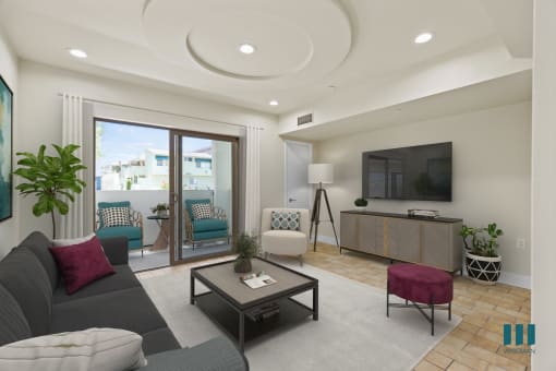 Large-Size Living Room with Recessed Lighting, Vinyl Flooring, and Patio
