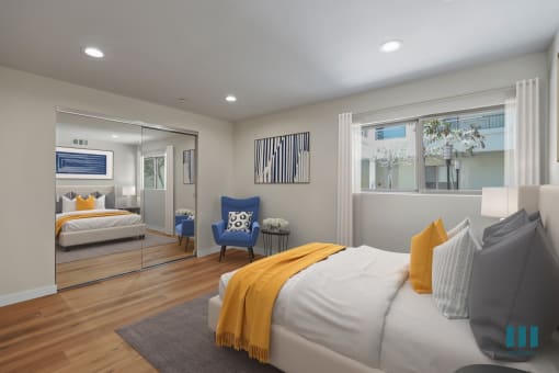 Bedroom with Mirrored Closet, Vinyl Flooring, and Large-Size Windows