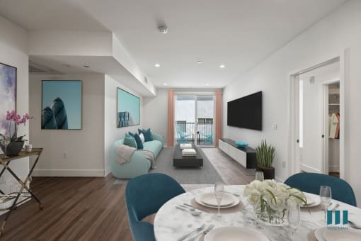 Open-Concept Dining and Living Room with Patio