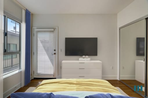 Bedroom with Large-Size Windows, Mirrored Closet, Vinyl Flooring, and Patio