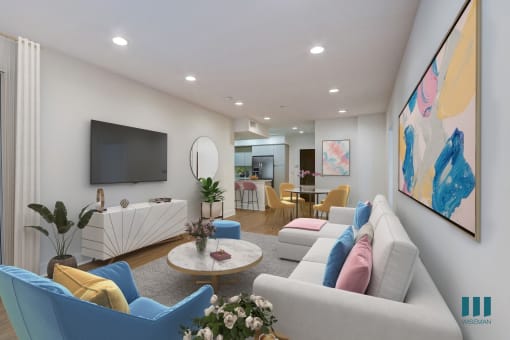 Open-Concept Kitchen, Dining, and Living Room with Vinyl Flooring and Recessed Lighting