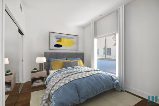 Bedroom with Mirrored CLoset, Vinyl Flooring, and Large-Size Windows