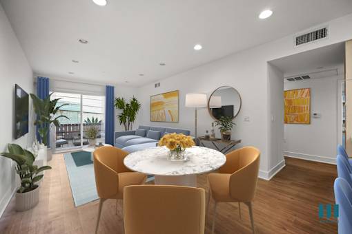 Open-Concept Dining and Living Room with Patio, Recessed Lighting, and Vinyl Flooring