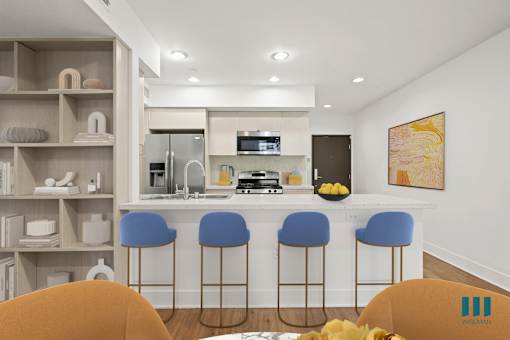 Open-Conecpt Kitchen with Countertop Bar, and Built-In Bookshelf