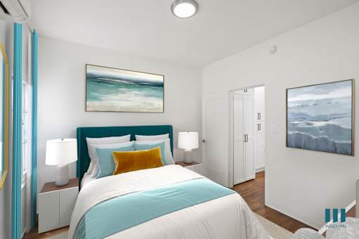 Bedroom with Hardwood Floors and Large-Size Windows