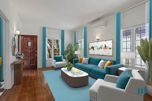 Living Room with Hardwood Floors and Large-Size Windows