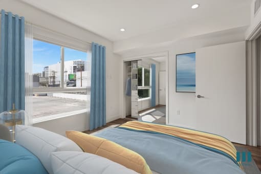 Bedroom with Large Windows,  Recessed Lighting, and Vinyl Flooring