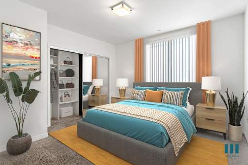 Bedroom with Mirrored Closet with Shelving and Large Windows