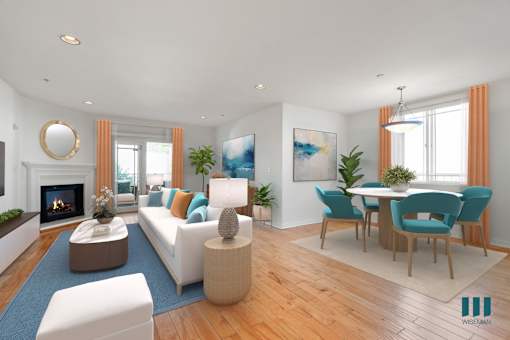 Open-Concept Dining and Living Room with Fireplace and Spacious Patio