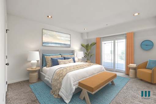 Large-Size Bedroom with Recessed Lighting, Carpet, and Balcony