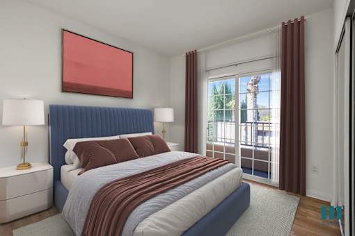 Bedroom with Mirrored Closet, Vinyl Flooring, Balcony, and Large-Size Windows