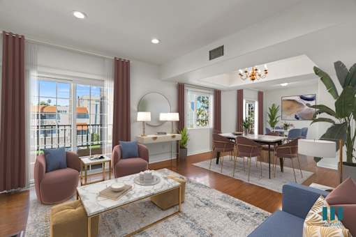 Open-Concept Dining and Living Room with Vinyl Flooring, Recessed Lighting, Balcony, and Large-Size Windows