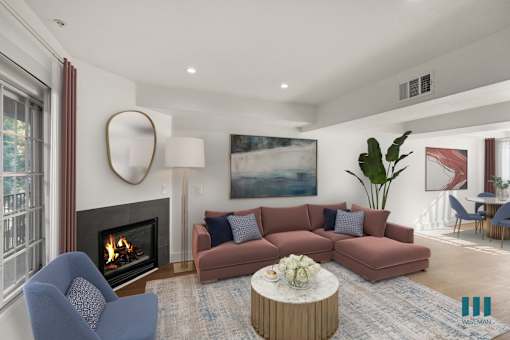 Open-Concept Dining and Living Room with Electric Fireplace and Large-Size Windows