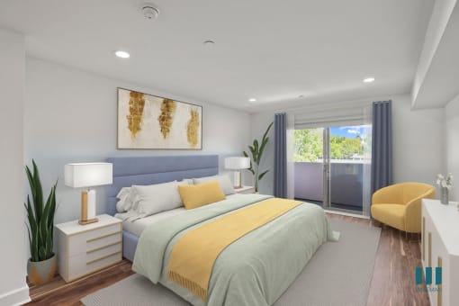 Bedroom with Balcony, Recessed Lighting, and Vinyl Flooring