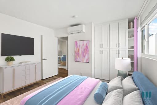 Bedroom with Built-In Cabinets with Shelving and Vinyl Flooring